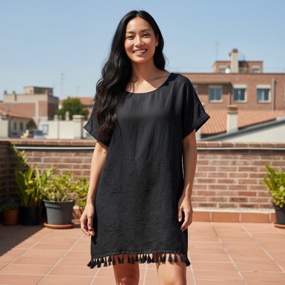 Madewell Women's Mini Dress Small Black Embroidered Tassel Linen Blend - Picture 1 of 11